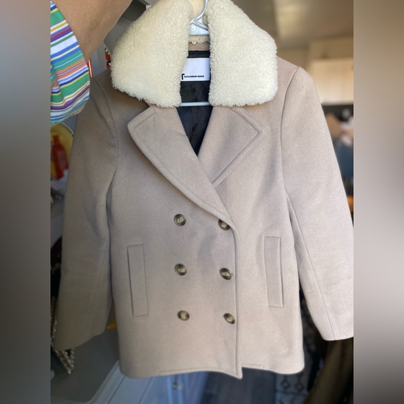 T Alexander Wang Tan Pea Coat Double Breasted Jacket detachable Fur Collar Sz 0 - Picture 2 of 13